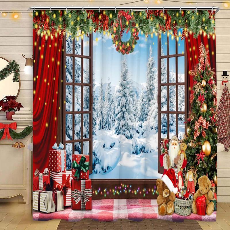 Christmas Shower Curtains Funny Santa Claus Xmas Tree Fir Branch Red Berry Birds New Year Fabric Bathroom Decor Bath Curtain Set