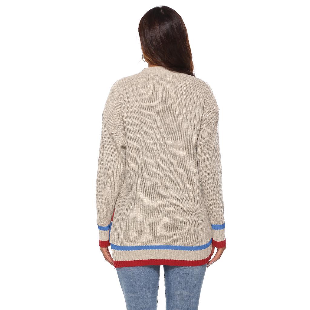Autumn and Winter Women's Thickened Cardigan Colour Blocking Pockets Single-breasted V-neck Casual Jumper