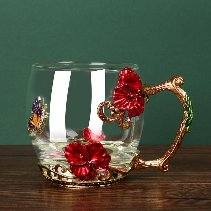Emaille Glas Tassenset Muster Glas Tasse mit Löffel Emaille Tasse Milch Zitrone Blume Schmetterlinge Tasse