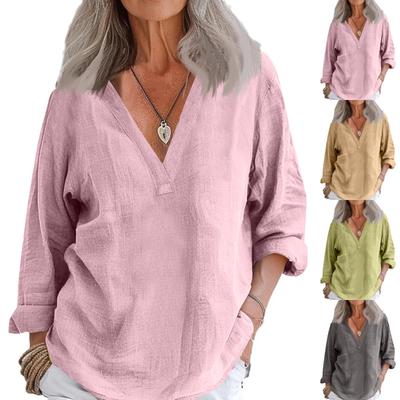 Women's Casual Loose Fashion Long Sleeve Cotton Linen Solid Color Retro V-neck Pullover Shirt