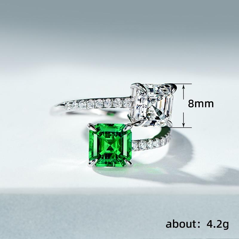 High-Quality Four-Clawed Princess Sugar Cube Ring, Double Main Stone Contrasting Color Opening Adjustable Ring