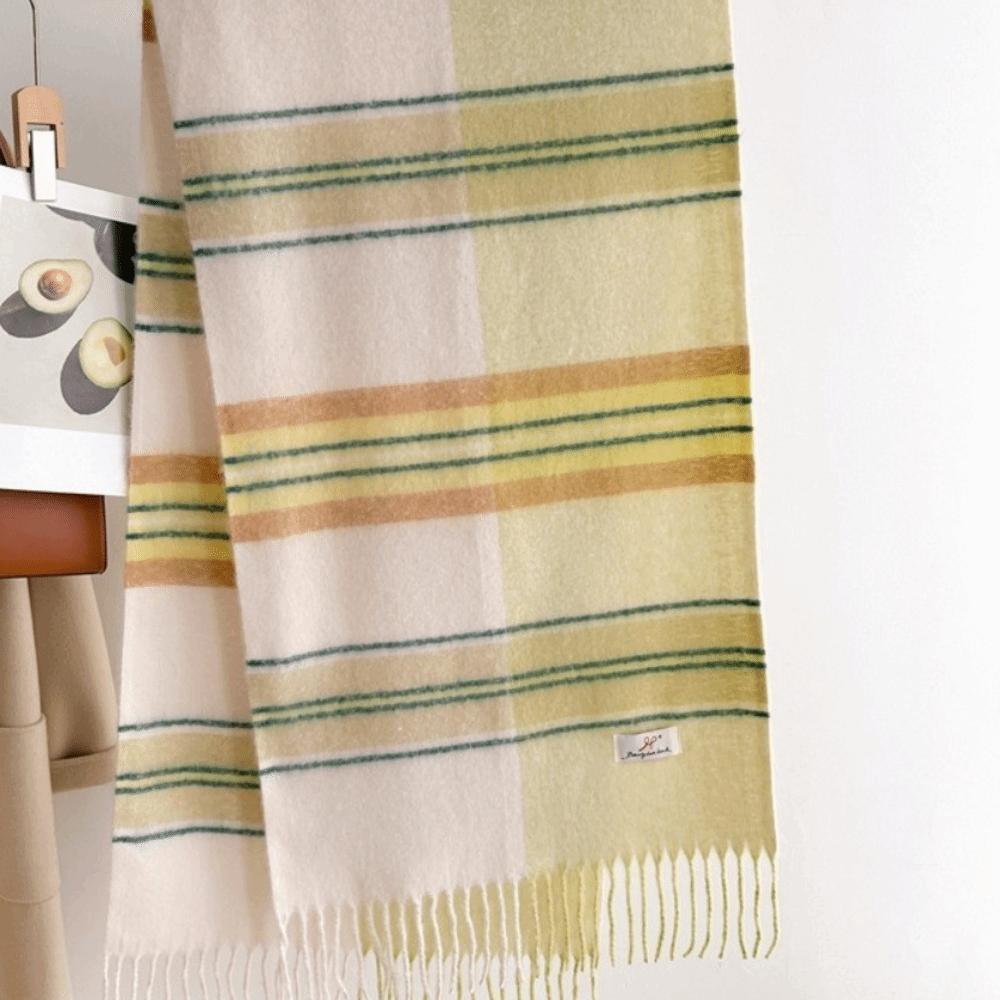 Thickened Faux Cashmere Scarf Classic Tassels Blanket Scarf Cozy Warm Stripe Shawl Cold-Weather