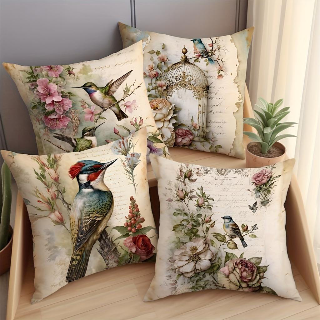 Vintage Bird And Flower Romantic Floral Pillowcasebedroom Living Room Sofa Home Decor Polyester Cushion Cover With Zipper