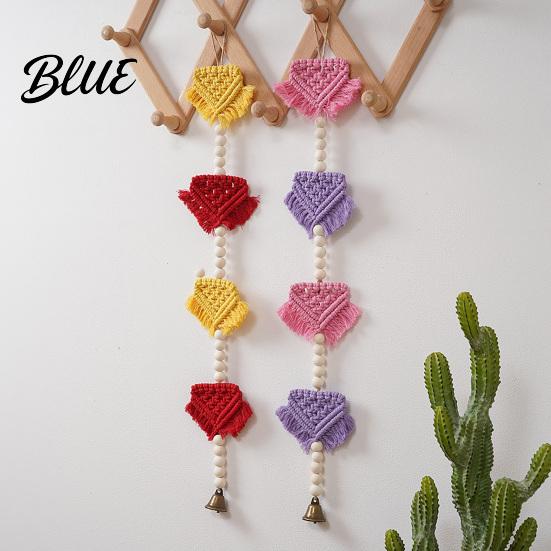 Layered Color Tapestry Knotted Rope Wall Hanging with Bell Braided Triangles Geometric Tapestry Wooden Beads