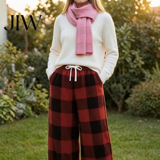 Soft Fluffy Home Pants Women Plaid Wide Leg Pants, Drawstring High Waist Thick Coral Fleece Retro Warm Loungewear, Anti-Pilling Casual Pajama Bottoms