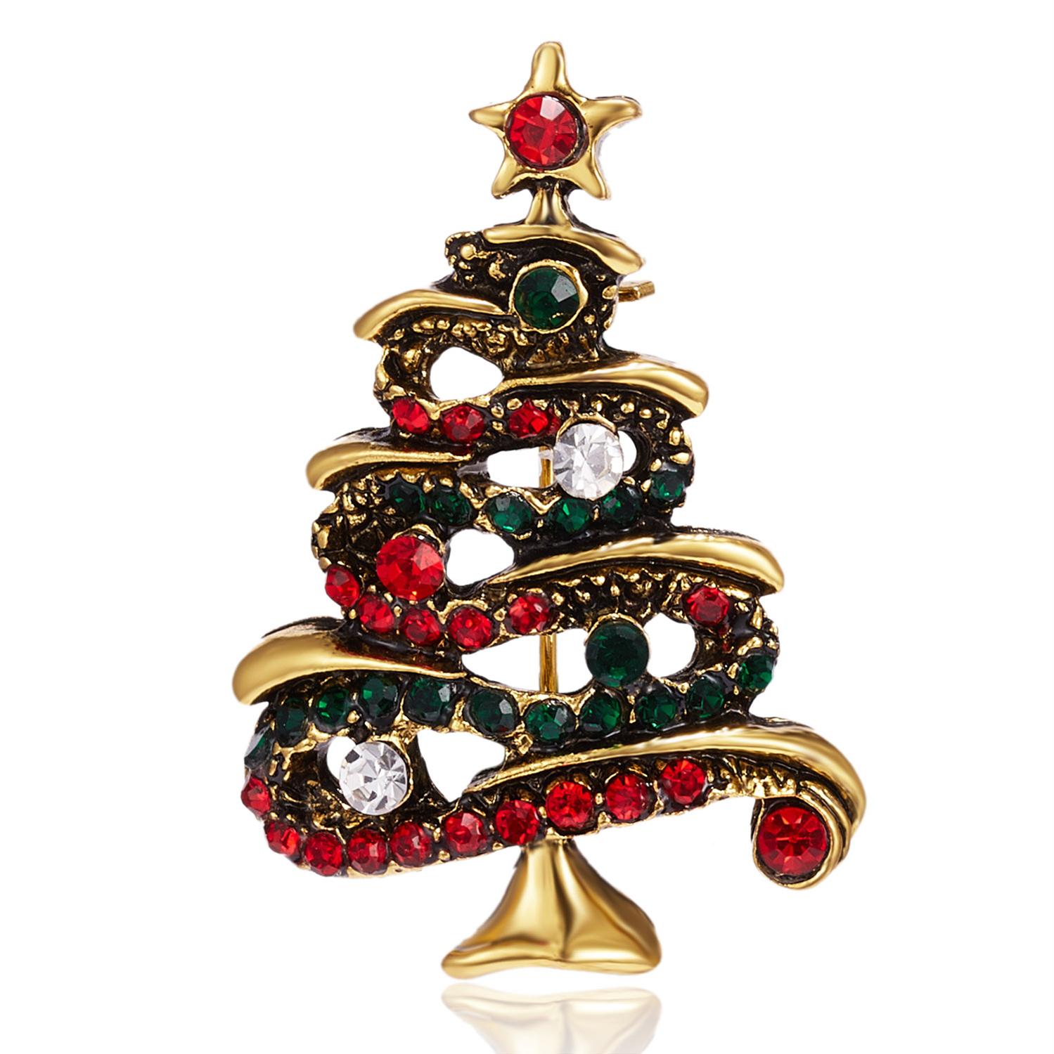 Rinhoo Vintage Christmas Tree Brooch Rhinestone Flower Bell Elk Brooches For Women Collar Lapel Pin Decoration Jewelry Xmas Gift