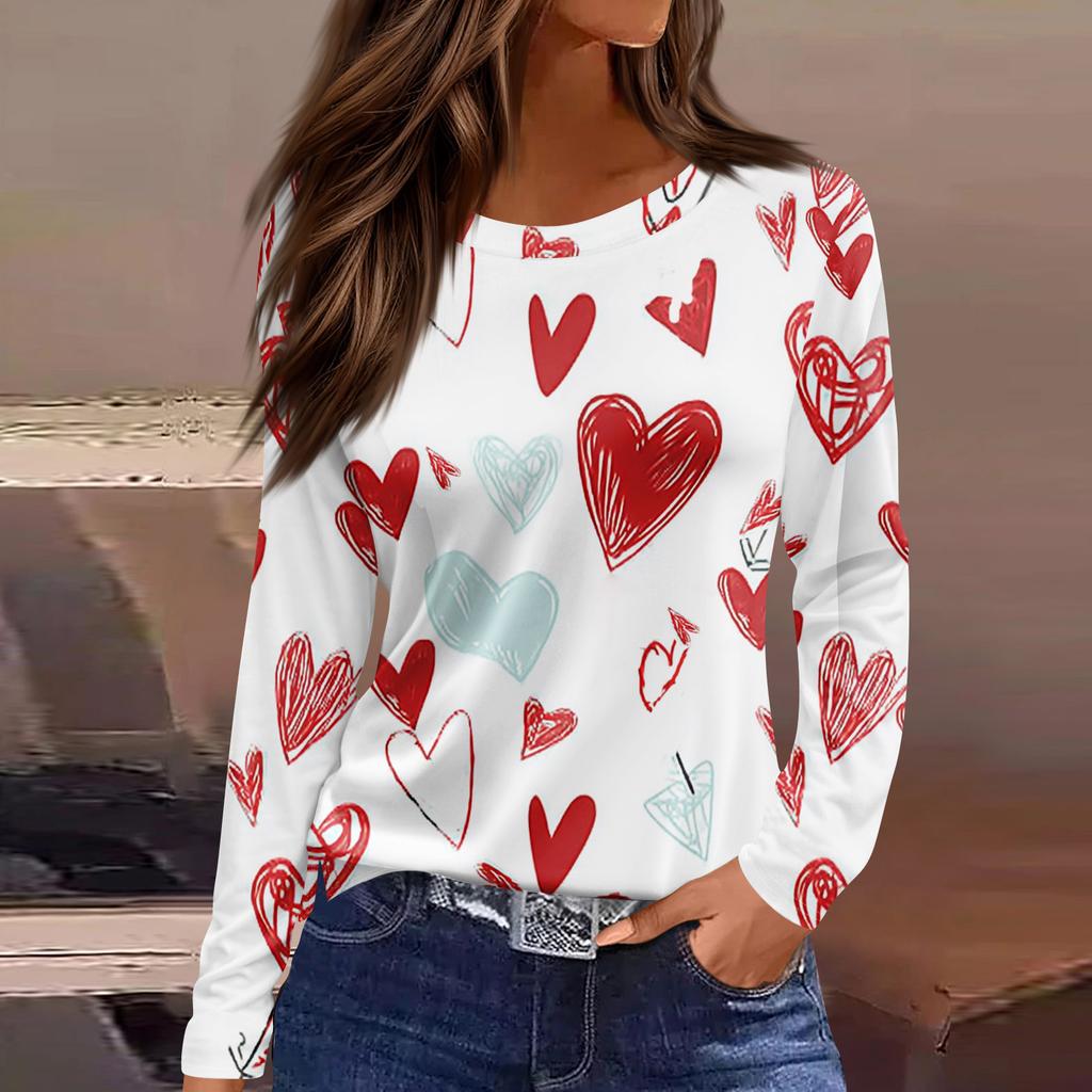 Women's Fashion Casual Slit Hem Round Neck Long Sleeve Loose Printed T-Shirt Ladies Top