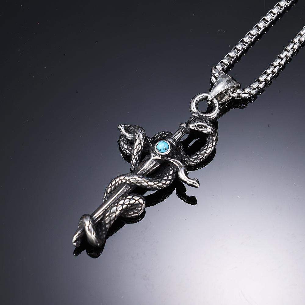 

New Product Jewelry Retro Personalized Blue Turquoise Plate Snake Sword Pendant Non Fading Wear Resistant Necklace 60CM