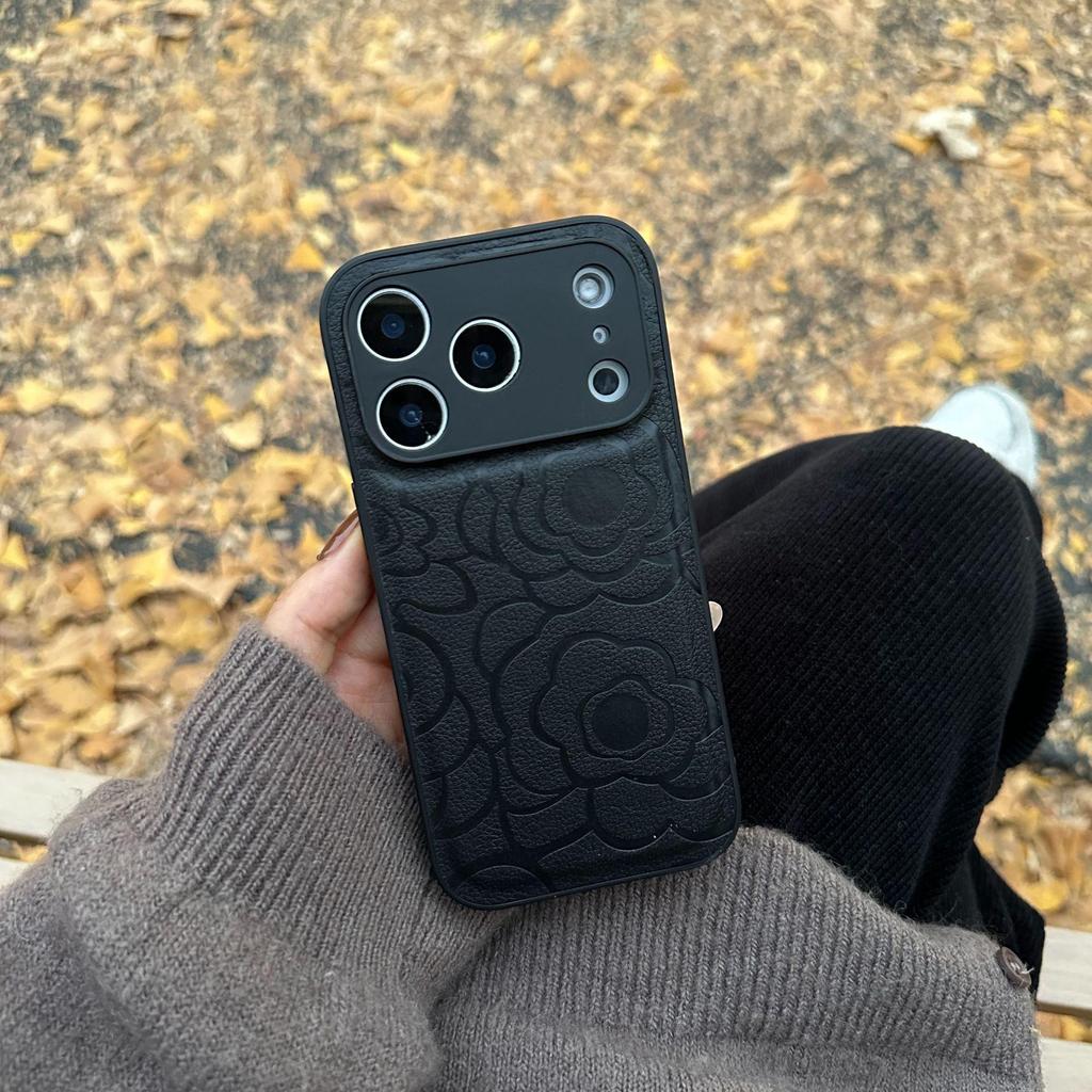Luxury Camellia Leather Texture Phone Case for iPhone 17 Pro Max & 16, Autumn/Winter Edition