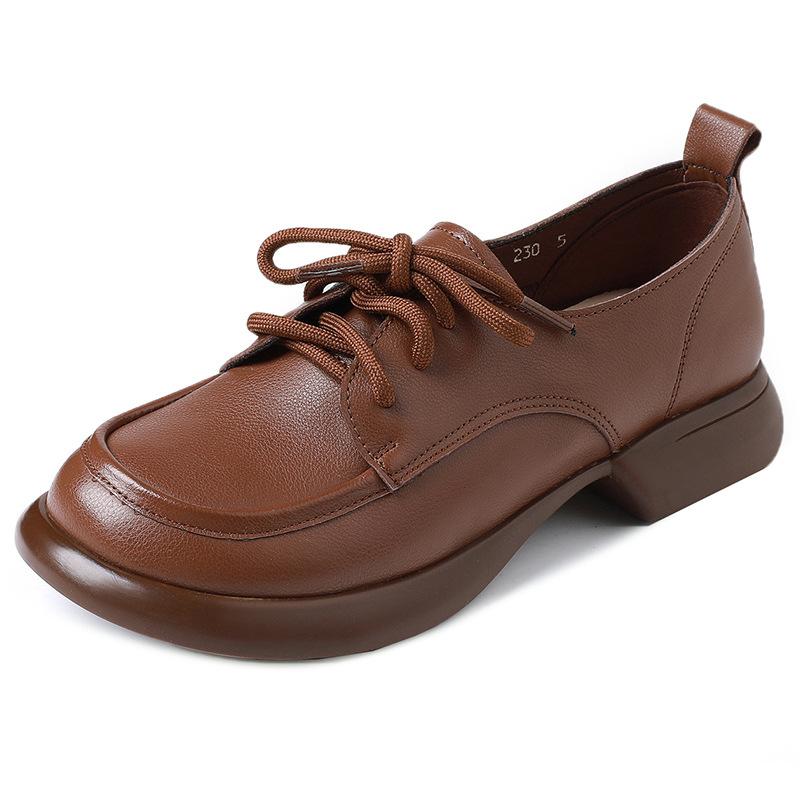 Fashion GKTINOO Platform Shoes Women Genuine Cow Leather Round Toe Sewing Lace-Up Chunky Sole Ladies Low Heels Shoes Handmade Plus Size