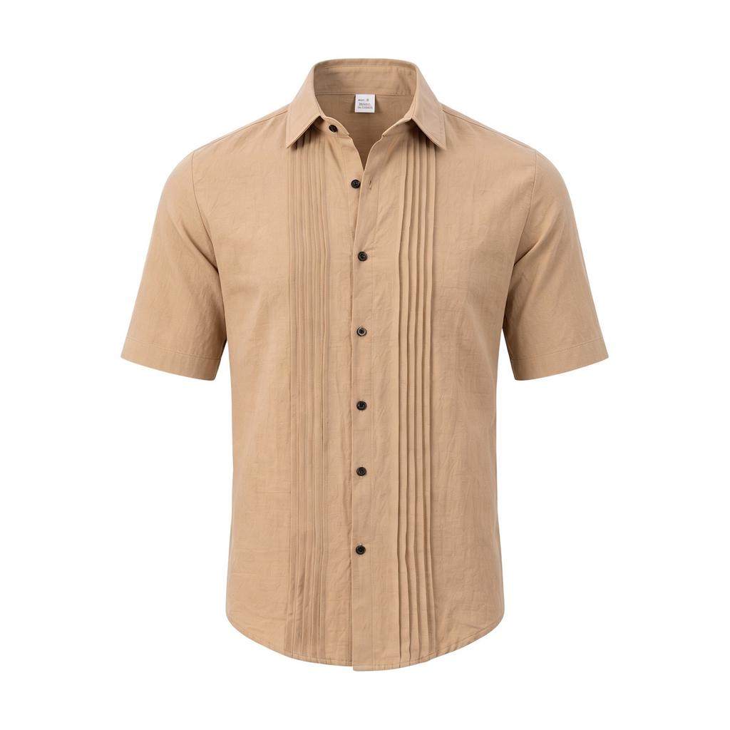 Men's Linen Shirt Short Sleeve Button Front Pleated Casual Summer