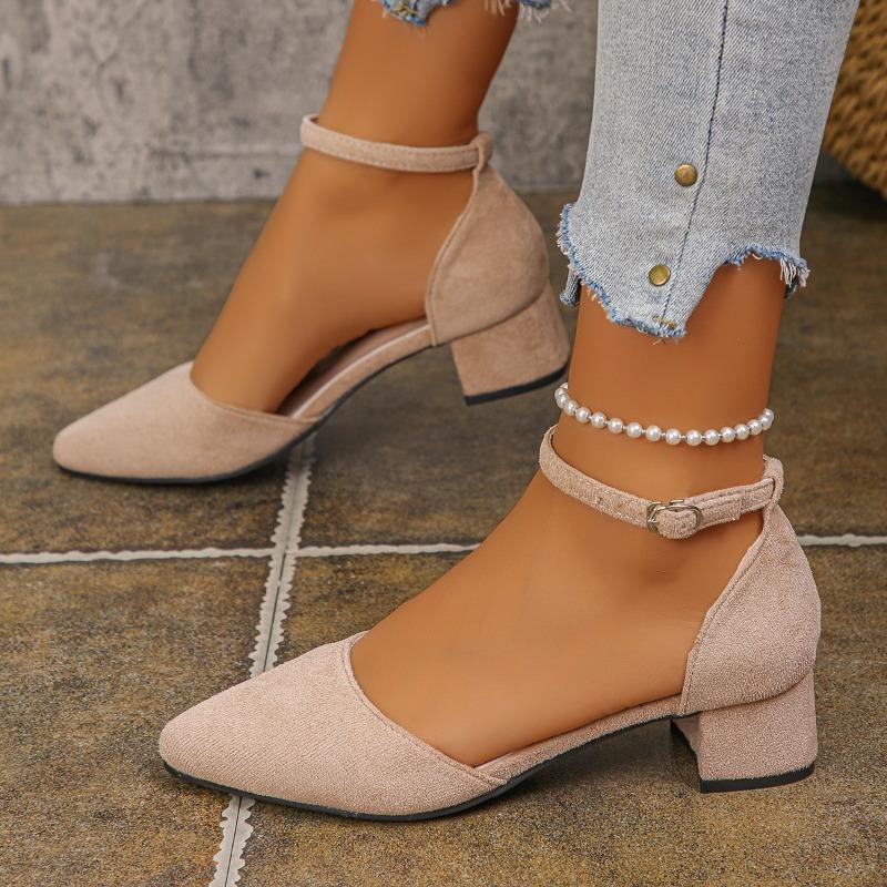 2025 Sapatos  Women Fashion Sweet White Buckle Strap Pearl Square Heel Shoes Lady Leisure Elegant Office Career Pumps