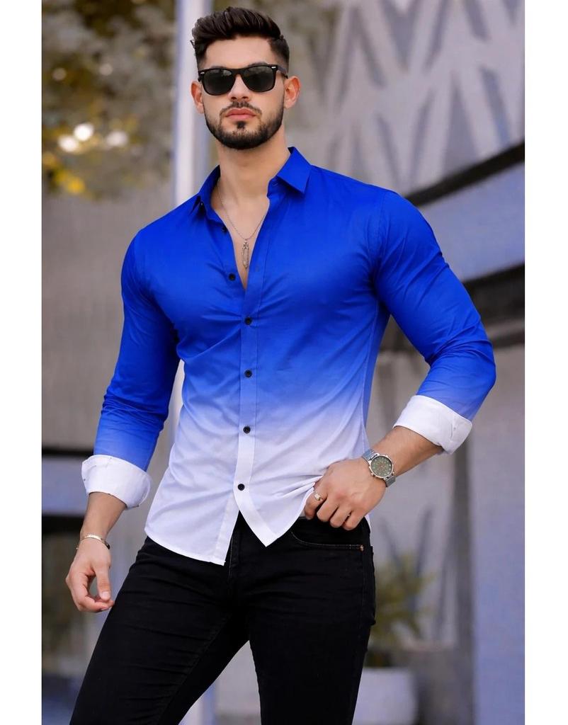 Men's Slim Fit Color Block Spread Collar Casual Shirt