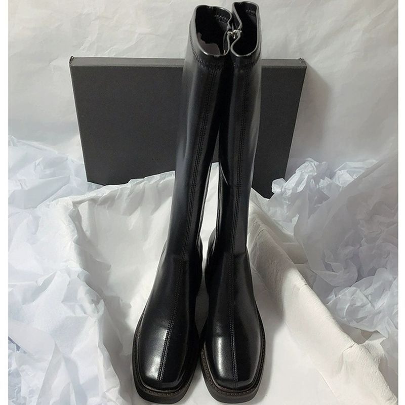 Square Head Side Zipper Slim Tall Boots 2025 Autumn and Winter New Retro Style Thick Heel But Knee Martin Boots Women
