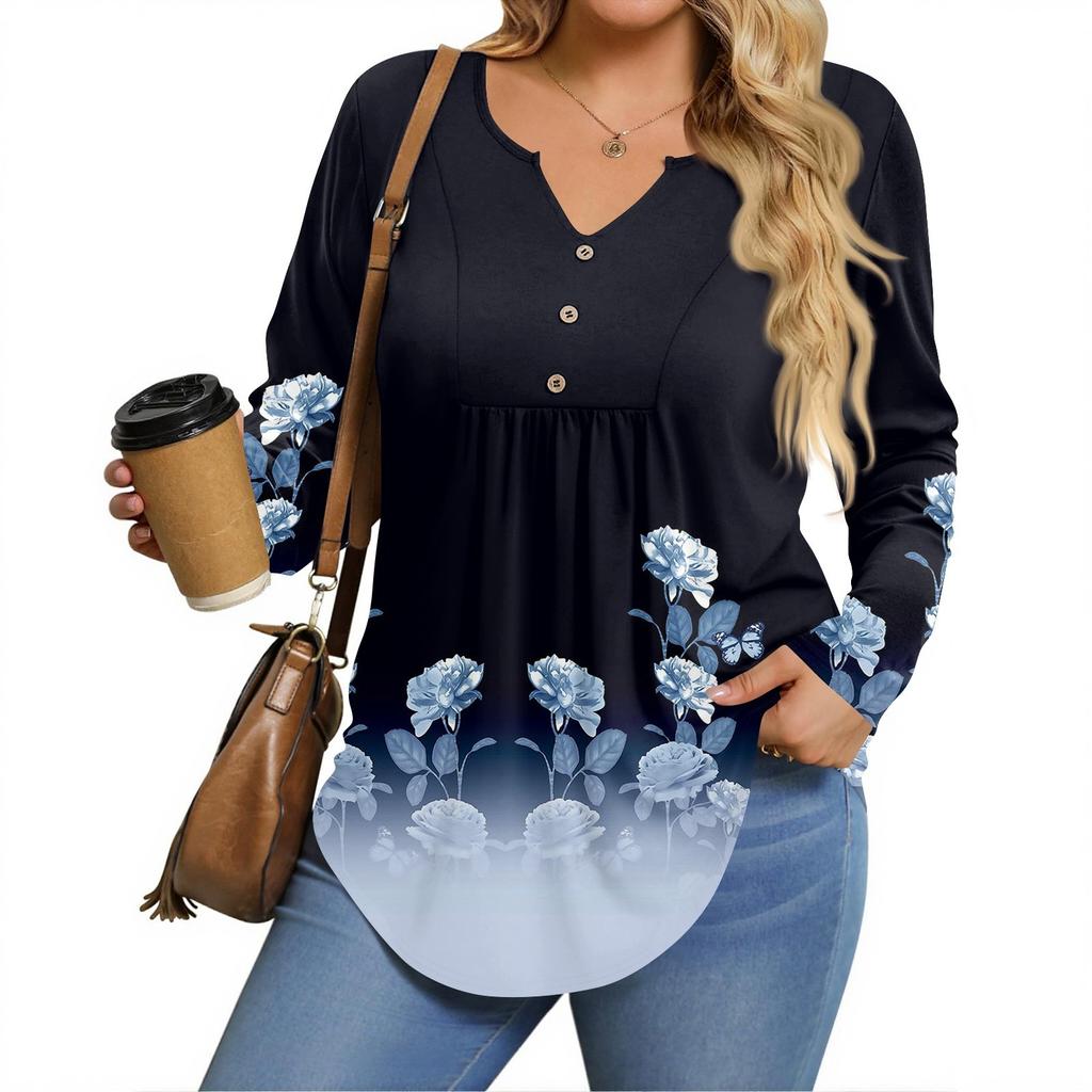 Womens Plus Size Long Sleeve Shirts  V Neck Tunic Tops Basic Loose Fit Tee Tops
