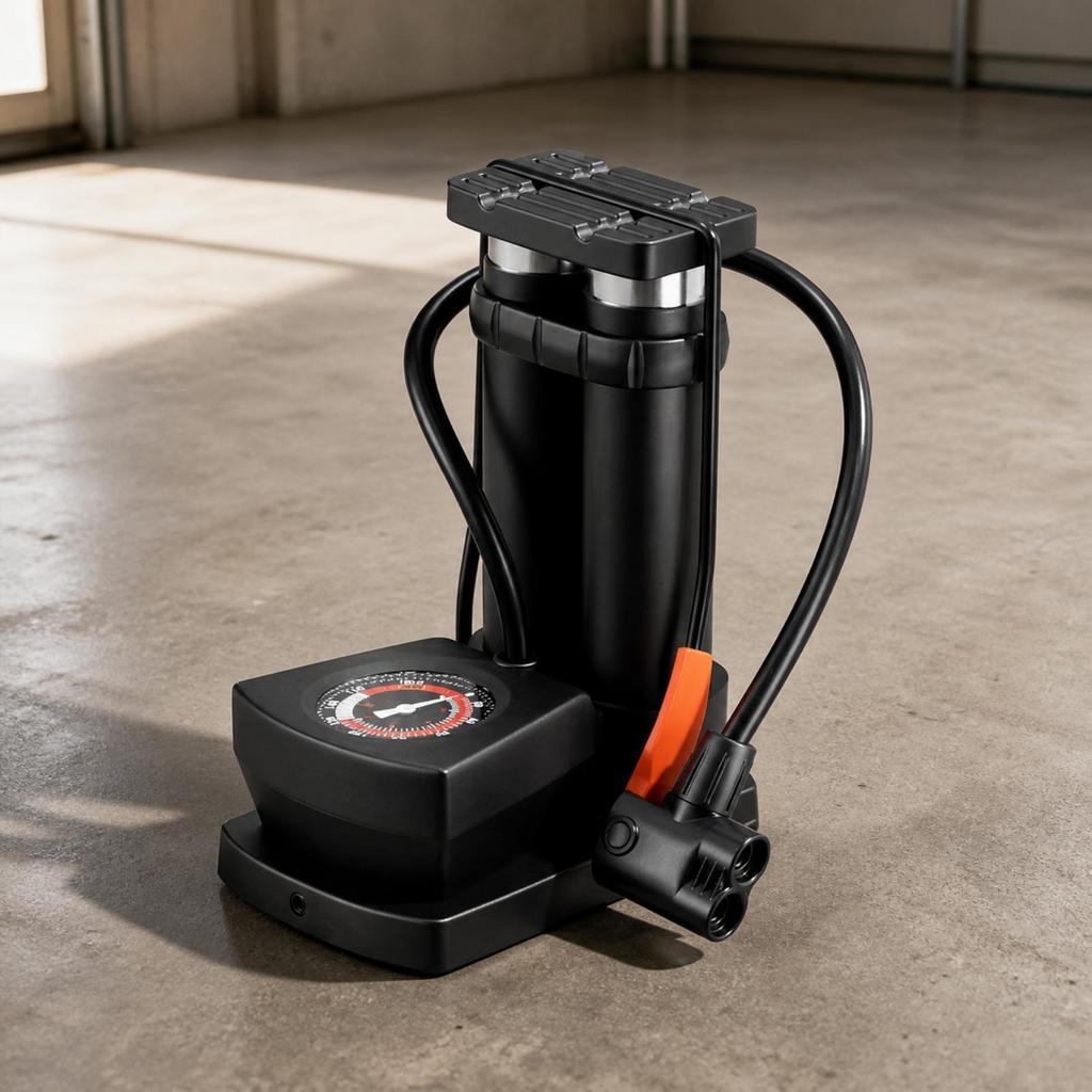 Compact Bike Foot Pump | Wide Non-Slip Pedal, Double Cylinder Pump,
