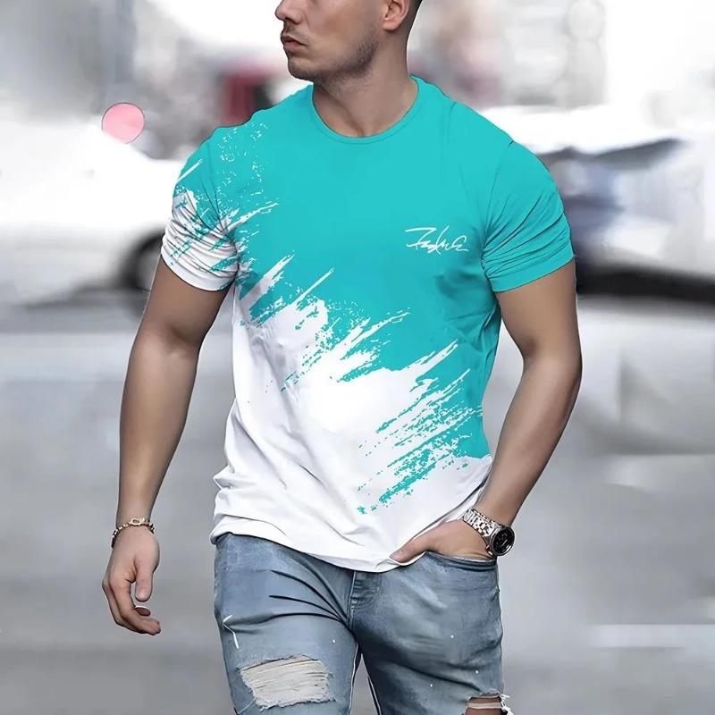 New men's T-shirt casual round neck breathable top fashionable color contrast printed men's T-shirt fun 3D T-shirt street fashio