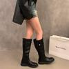 Fashion Winter Vintage Women Western Cowboy Boots Fashion Belt Buckle Slip On Female Knight Long Booties