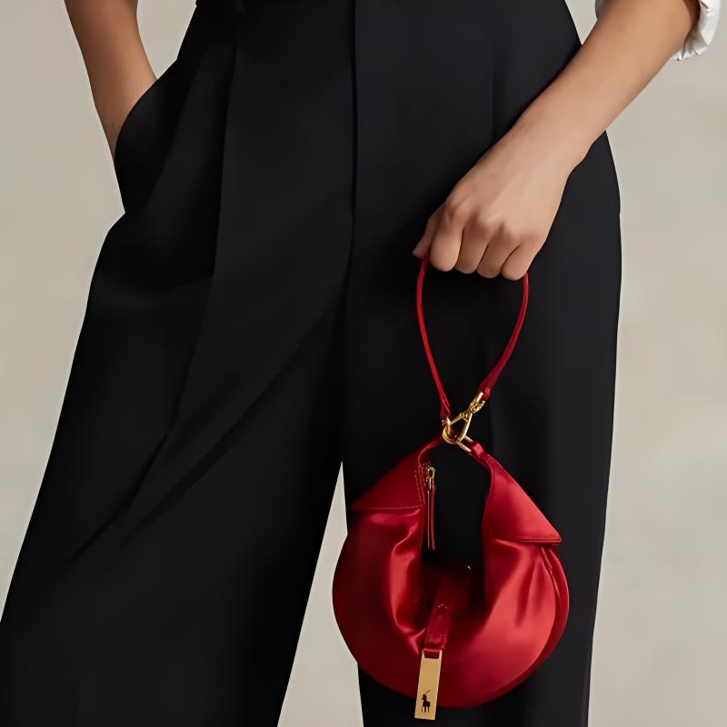 New Polo Ralph Lauren Polo ID Satin Fabric With Cow Leather Trim Handheld Handbag, Shoulder Bag Women's Red WAPOBAG02V20023