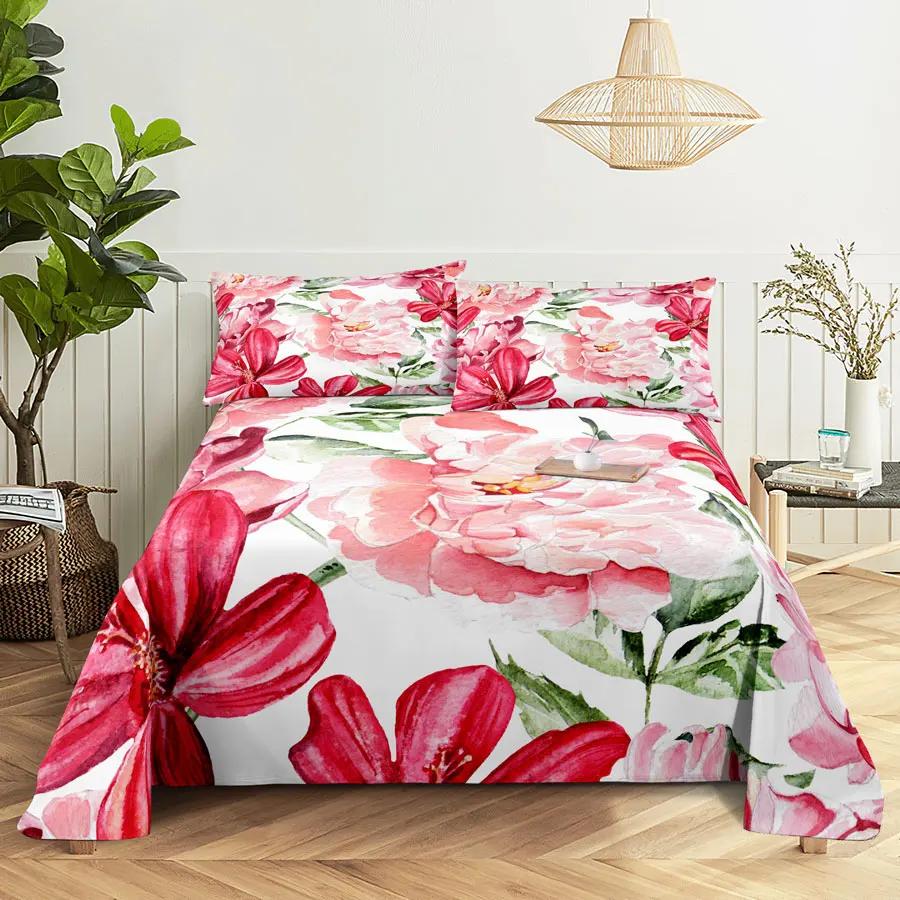 Pink Floral Bed Sheet Set Pillowcase Bedding Linens Cover Flower Queen King Twin Full Size for Single Double Bed Soft Thin