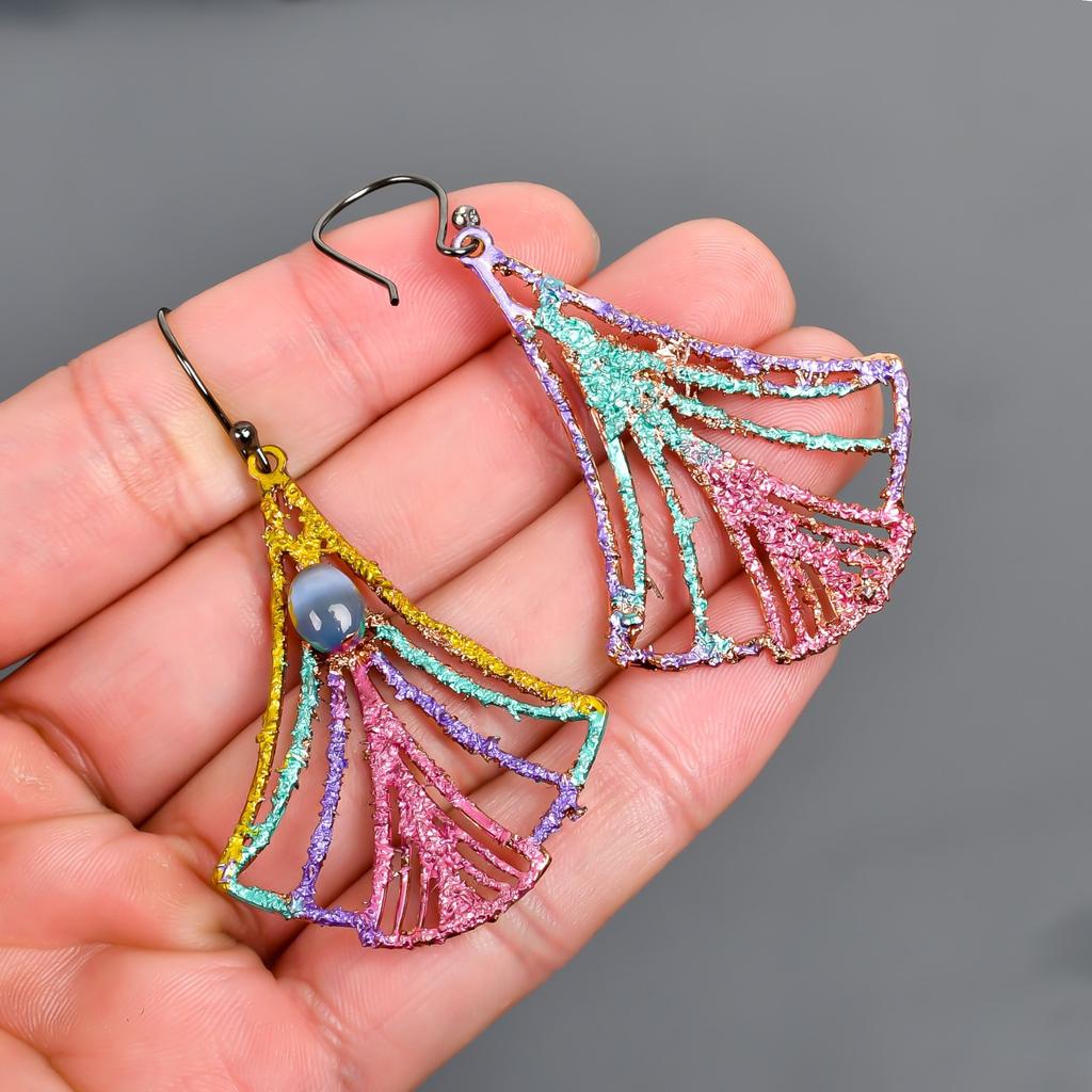 Natural Blue Cats Eye Silver Plated Drop Dangle New Multi Electroformed Earrings V-89