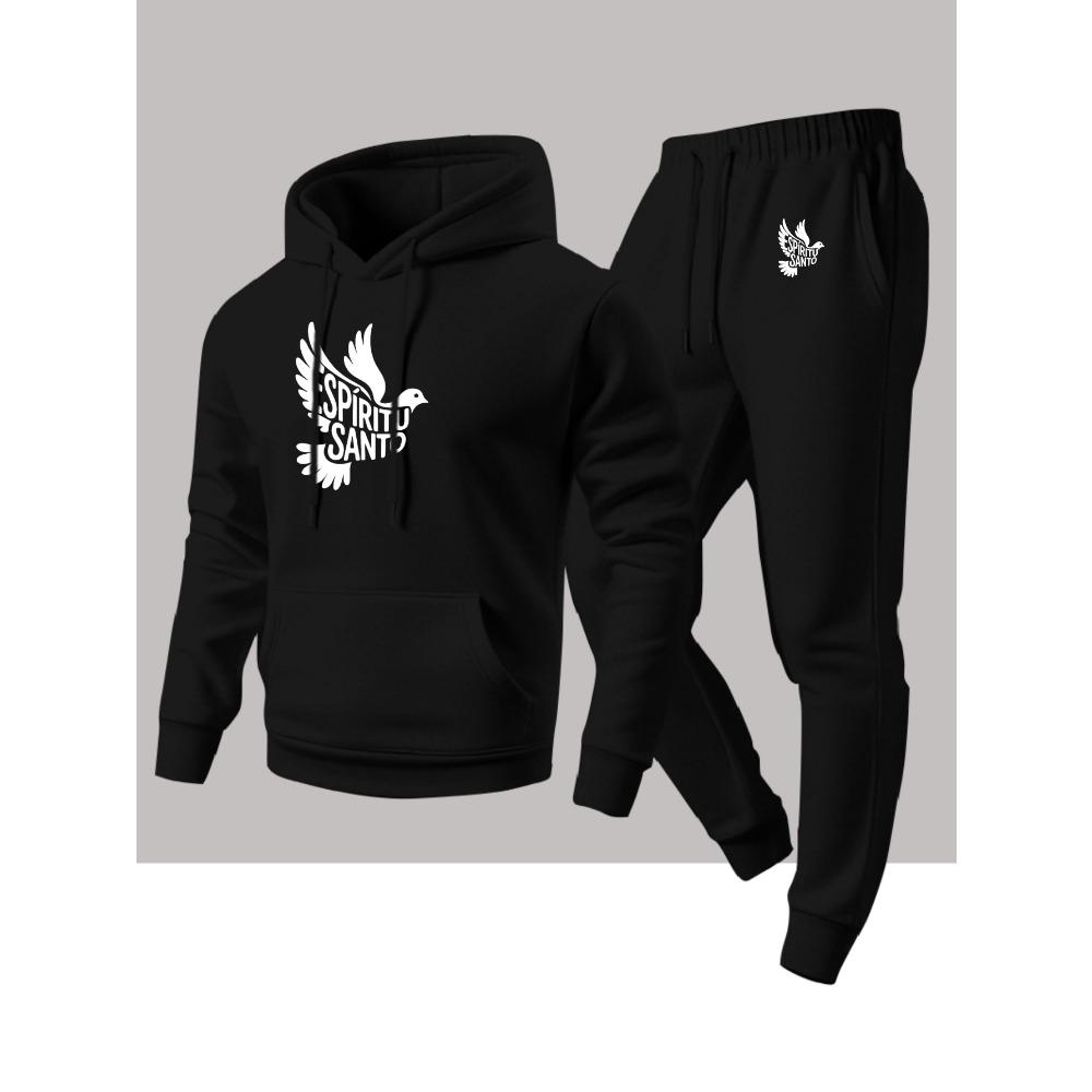 Peace Dove Letter Printed Casual Suit Men's Hooded Sweatshirt and Pants Two Piece Set Loose and Versatile Sports Suit Comfortable