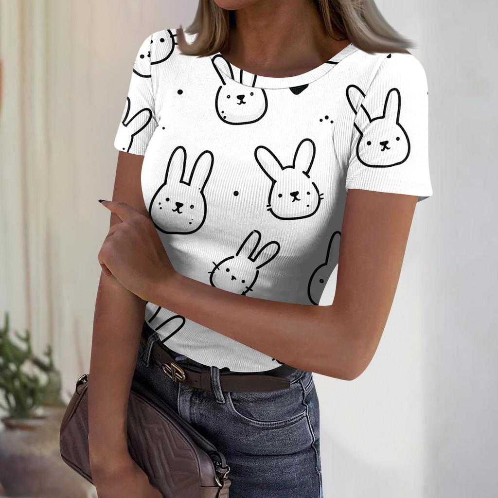Women's Casual Fashion Round Neck Easter Print Short Sleeve Ribbed Top