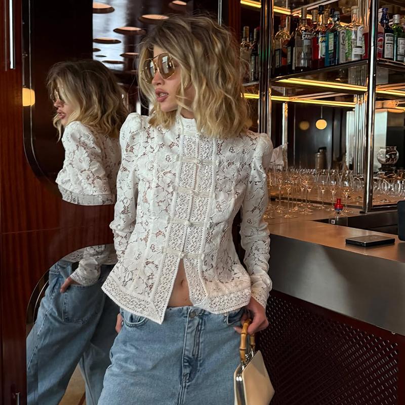 Elegant Lace Shirts Tops Female Hollow Out Commute Vintage See-Through Blouses Single Breasted Shrug Shirts New