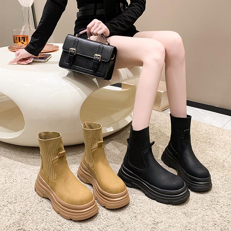 New Style Women's Short Boots Autumn Winter Knitted Slimming Elastic Ankle Boots Woman Height Increasing Casual Platform Shoes