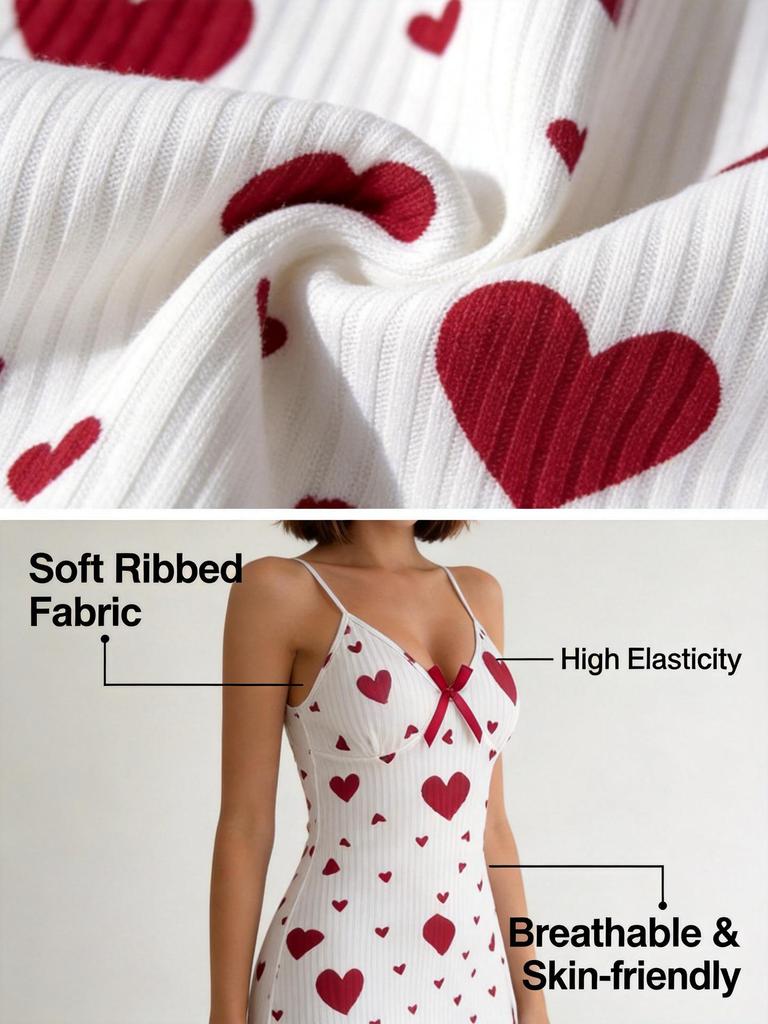 European & American Style Heart Print Nightgown for Women - Pure Desire Ribbed Lace-up Design, Sweet 2026 New Short Skirt Pajamas