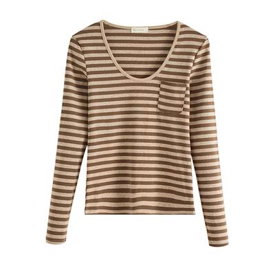 Retro Striped T-shirt for Women's Long-sleeved Autumn New U-neck Slim Base Shirt