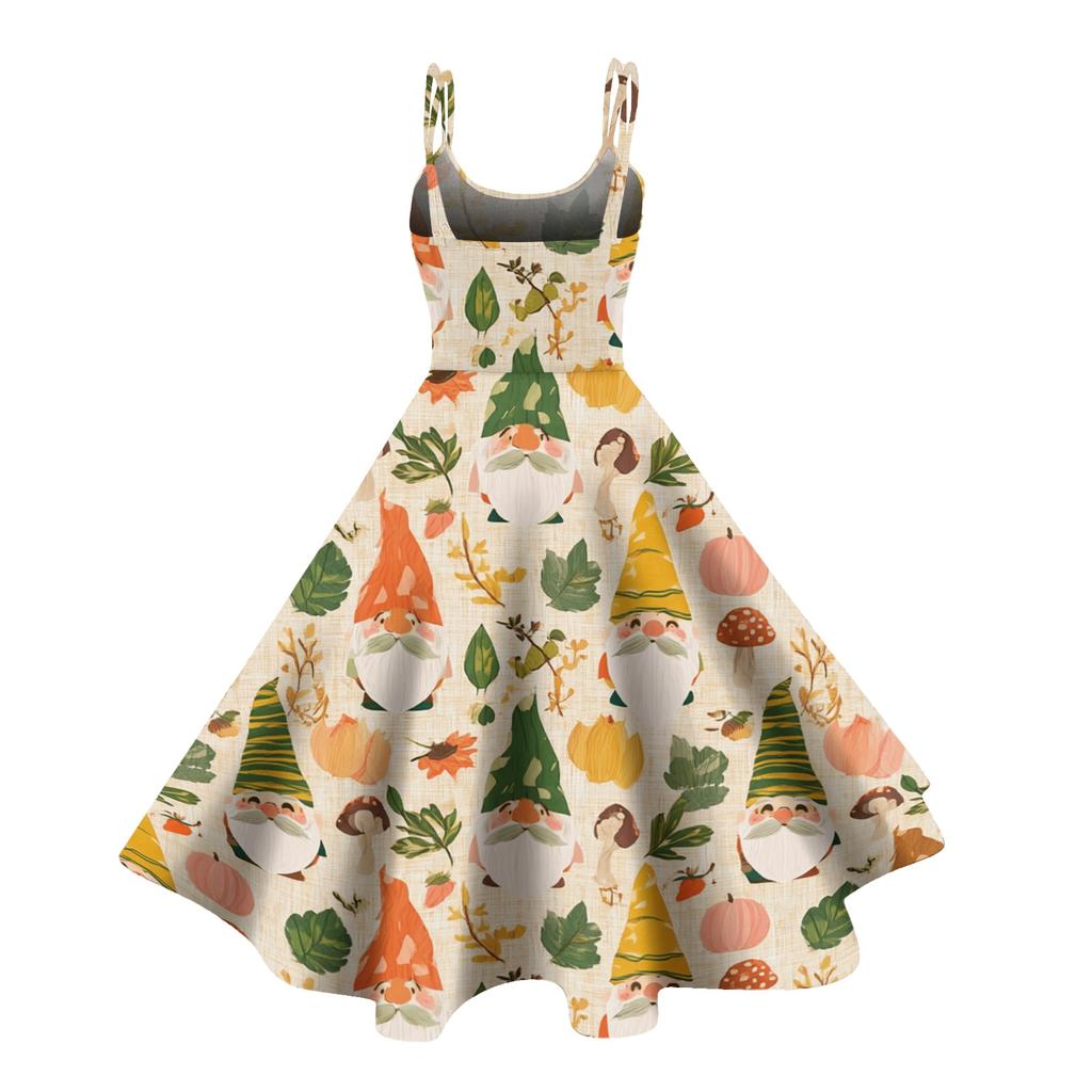 Vestito Sexy Retro a Spalle Scoperte con Stampa Natalizia da Donna per Celebrazione delle Feste