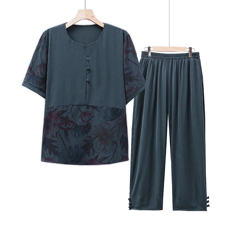 Set de vară cu mânecă scurtă pentru femei de vârstă mijlocie și în vârstă - ținută lejeră de slăbire din două piese