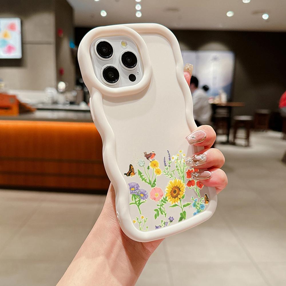 N75 Butterflies Flowers Macaron Wavy Edge Phone Cases for iPhone 16 Pro Max Samsung S24 S23 Ultra A35 A54 A55 Xiaomi Redmi Note 13 Shockproof Cover