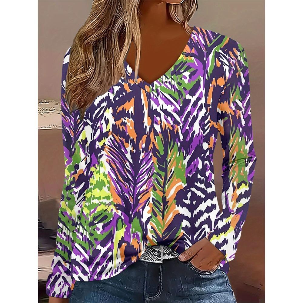 Spring Autumn Fashion Comfortable Soft V-neck Long Sleeve T-shirt Creative Butterfly Flower Loose Casual Women Versatile 3D Printed T-shirt