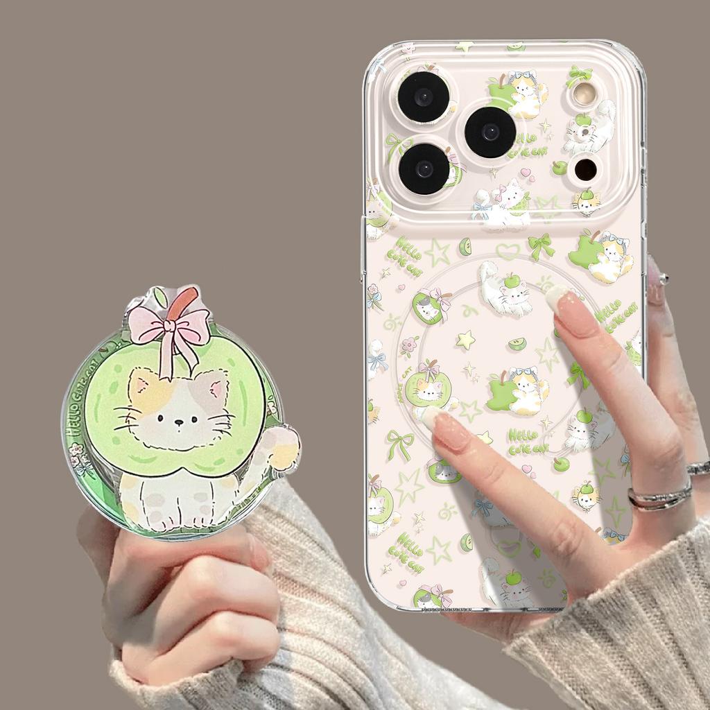 Green cat applies to Apple 17promax spring 16 magnetic iPhone15 holder 14 cute 13 mobile phone case