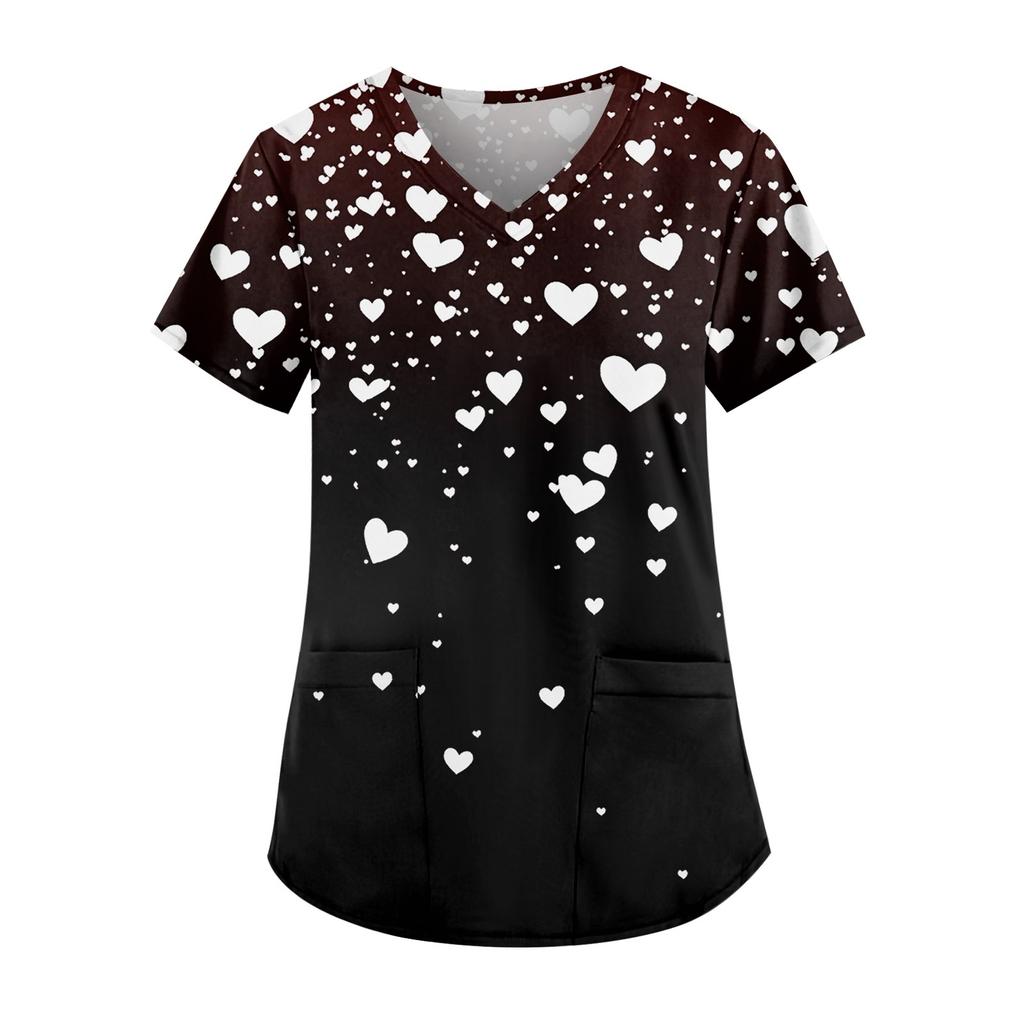 Women's Cute Printed Work Clothes V-neck Double Layer Pockets Basic Short Sleeve Top Pullover Christmas