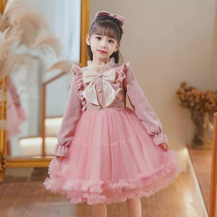 2024 Autumn/Winter Girls’ Long-Sleeved Bow Dress - Trendy, Sweet First Birthday Cake Design