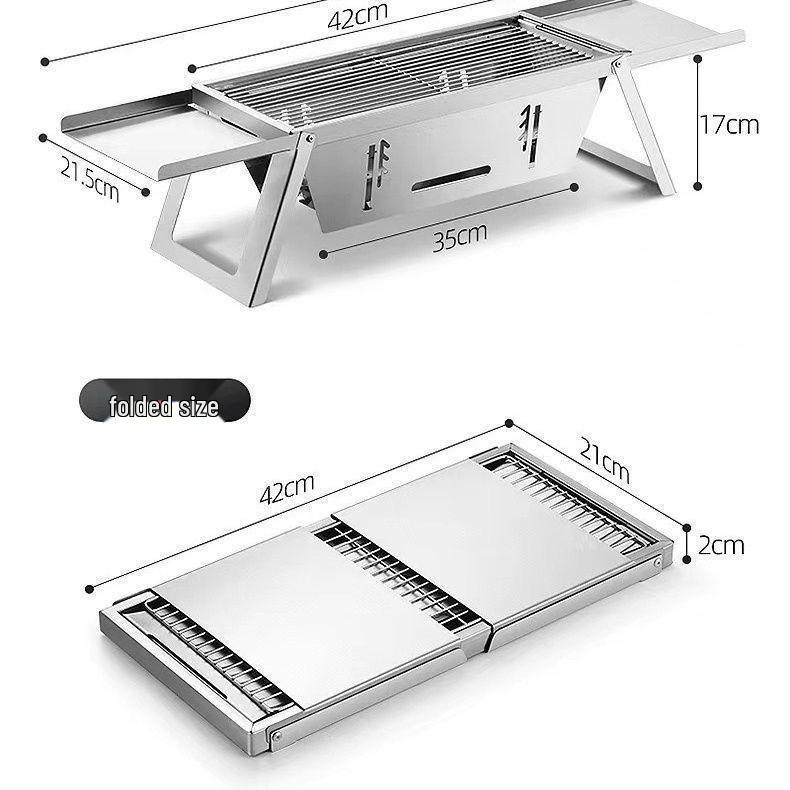 Compact Stainless Steel Outdoor Charcoal BBQ Grill with Skewer Rack and One-Second Folding Design