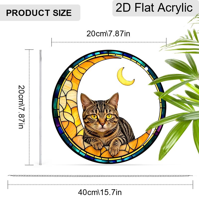Acrylic Crescent Moon Tabby Cat Suncatcher, Stained Glass Style Window Hanging Ornament for Cat and Celestial Lovers