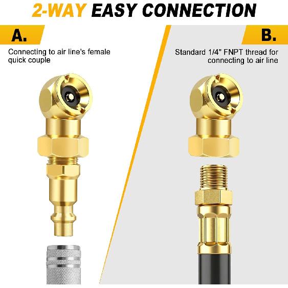 2 Pack Excellent Ball Foot Air Chuck Set, Portable Tire Chuck, 1/4" NPT Closed Flow Tire Inflator Nozzle With Quick Connect, For Air Compressor