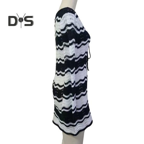 Women's Swimwear Cover-Up Striped Crochet Hollow Out Mesh Beach Dress V-Neck Tie Front Long Sleeve Summer Bathing Suit for Beach Vacation