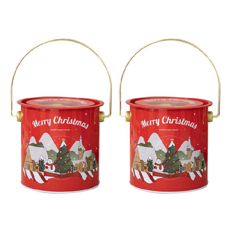 2pcs Decorative Christmas Candy Boxes Handheld Round Bucket Portable Sweets Tins with Handle for Family Gathering