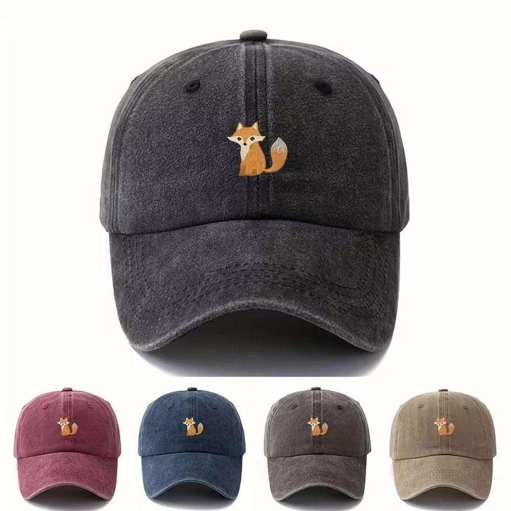 Fox Pattern Printed Visor Baseball Cap Adjustable Washed Cotton Baseball Hats Faded Outdoor Leisure Casquette