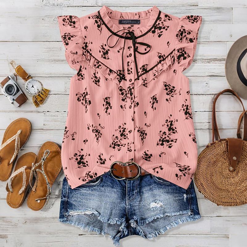 

ZANZEA Women Summer Casual Round Neck Sleeveless Loose Print Vest Tops розовый