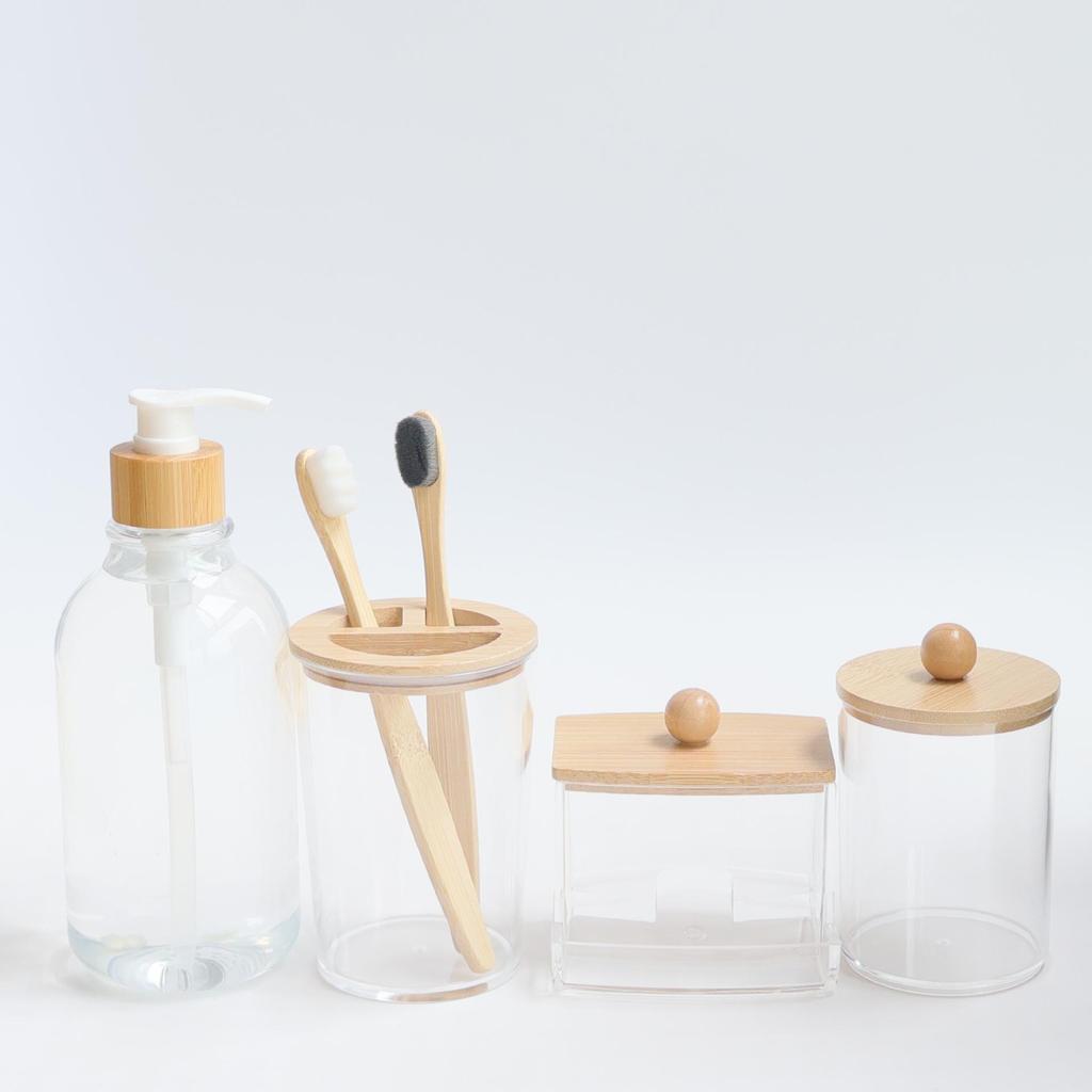 4-Piece Bathroom Set: Transparent Press-Down Soap Bottle, Toothbrush Holder, Bamboo Lid Cotton Swab Box, and Acrylic Cotton Ball Jar