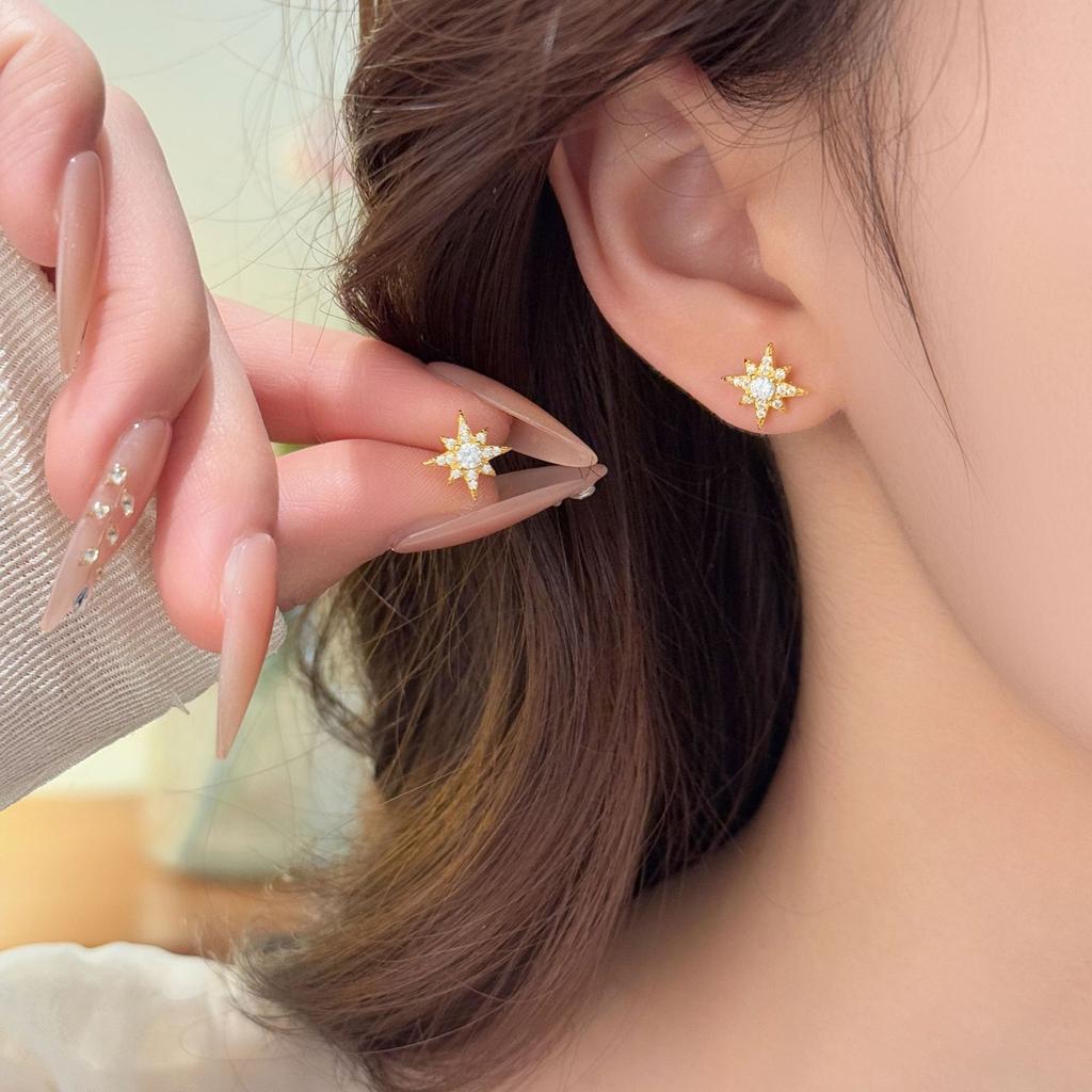 925 Sterling Silver 18K Gold Plated Starburst CZ Stud Earrings for Women, Dainty Star Cubic Zirconia Hypoallergenic Earrings