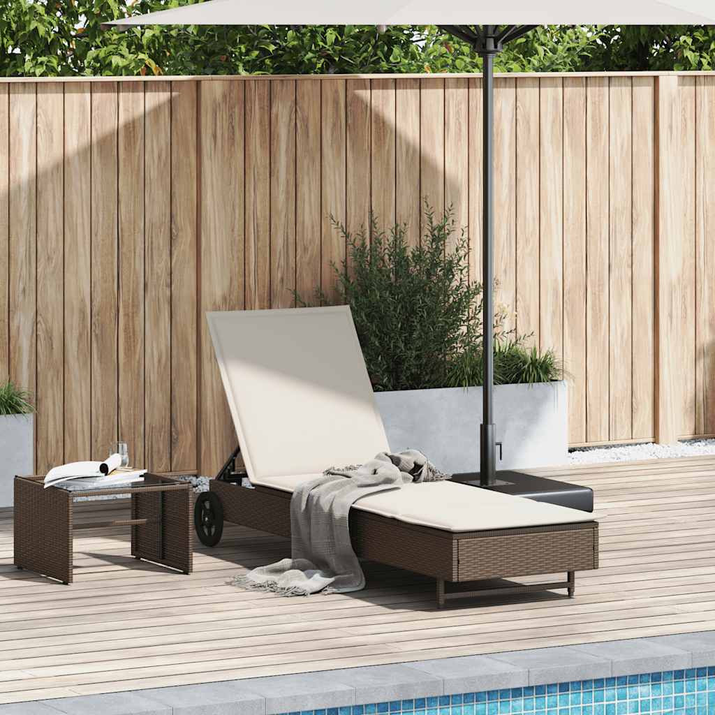 Sun Lounger with Wheels and Cushion Brown Poly Rattan
