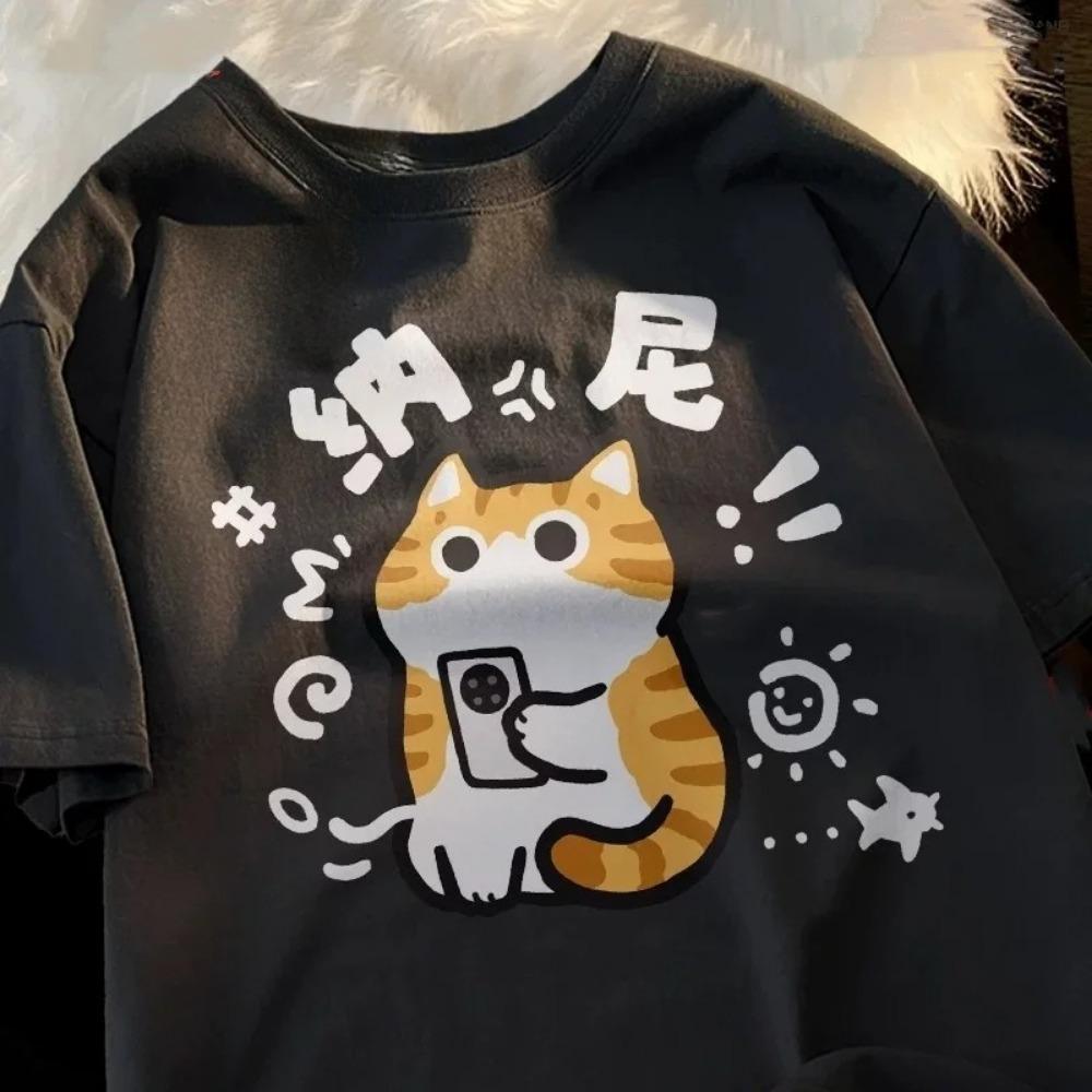 Japanese Fashion Couple Passion Cat Tee Top Women's T-shirt Clothing Street Tops Tees Aesthetic Clothes Casual