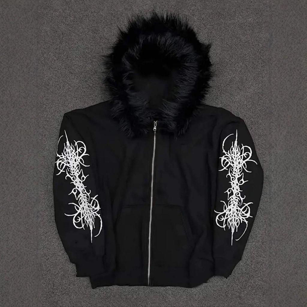 STREETRICH Fur Collar Cardigan Zipper Hooded Jacket Autumn and Winter Punk Hip-hop Rock Dark Style Rock Fashion All-match Y2K Retro Jacket